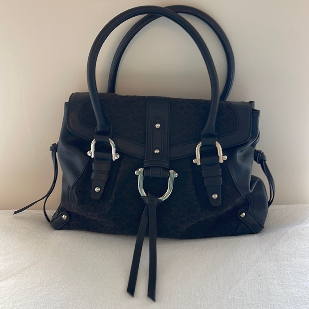 DKNY black signature fabric and leather bag